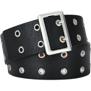 Women Leather Wide Fashion Thick Dress Belt With Gold Buckle Belt Black Punk